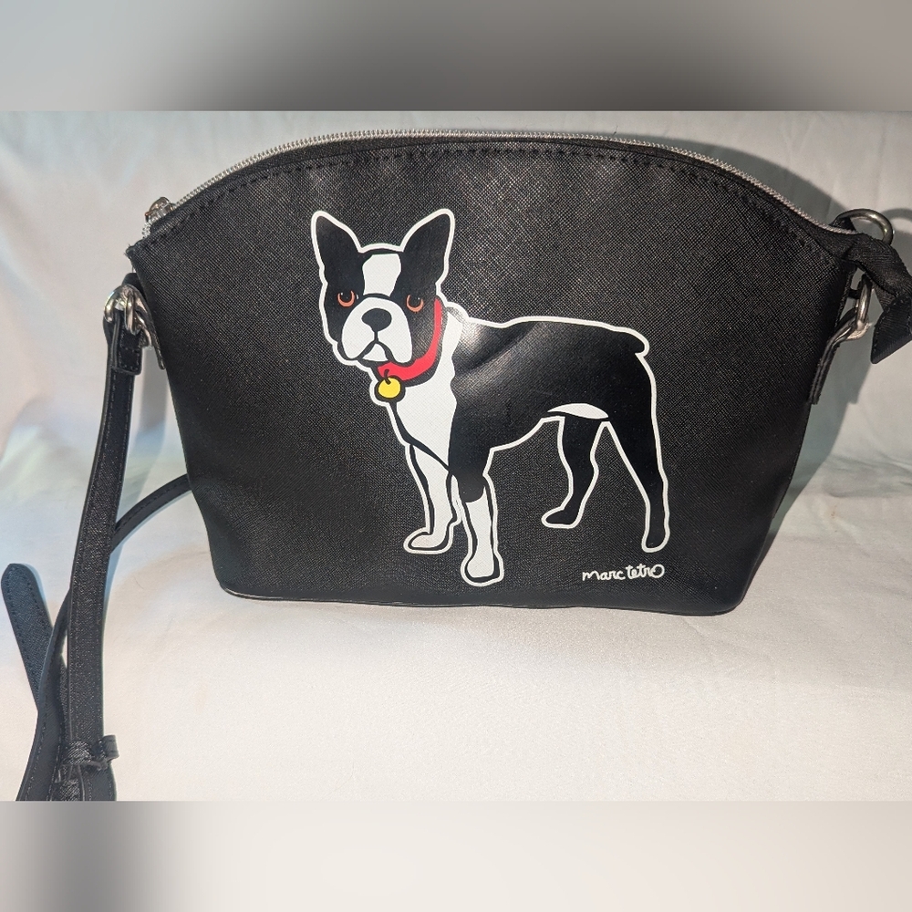 Marc Tetro Black Crossbody Bag with French Bulldog Design.